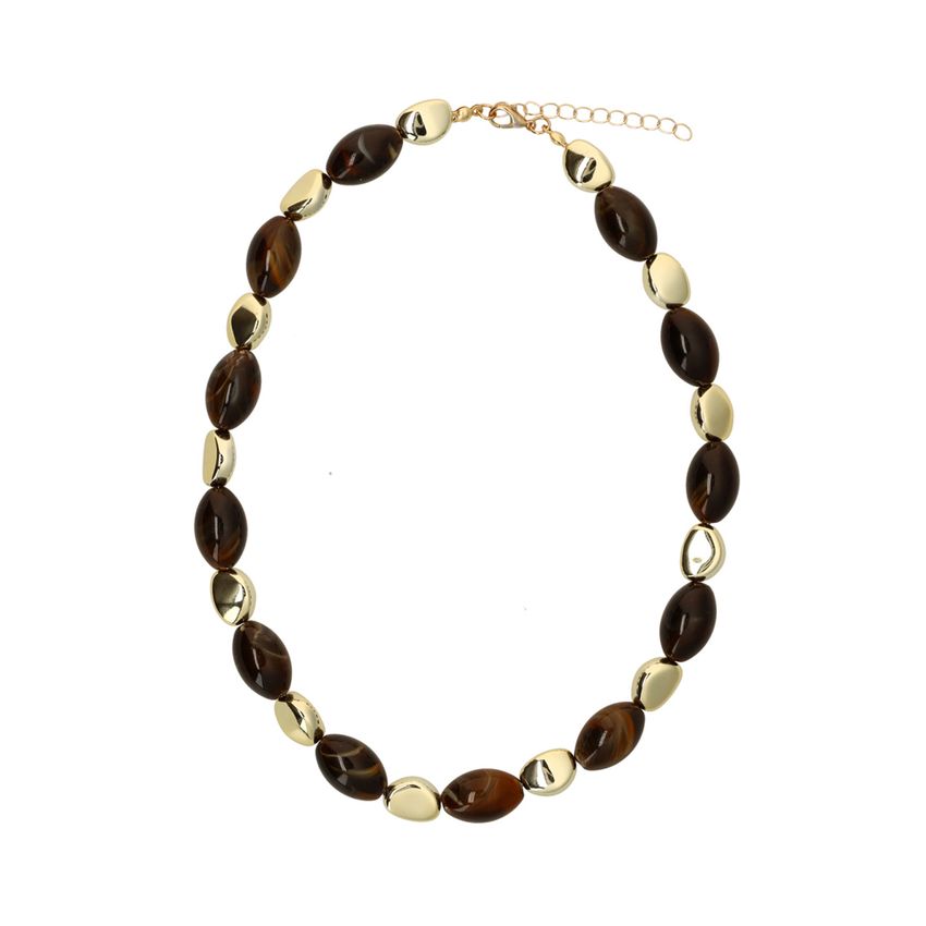 Manfield Goudkleurige ketting met bruine kralen