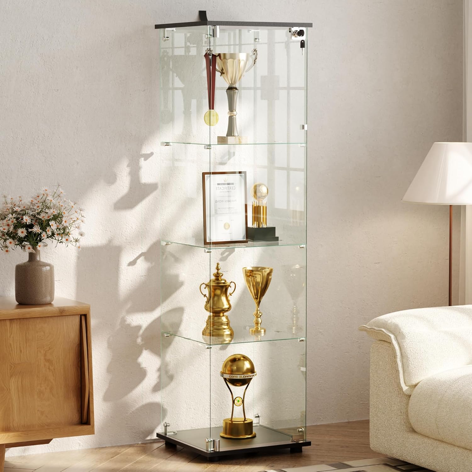 VooBang 4-Tier Glass Display Cabinet with Lock, Clear Curio Cabinet with Single Glass Doors, for Collectibles, Figures, Trophy, Perfume, Toys, Wine, Lockable Glass Display Case for Home Office, Black