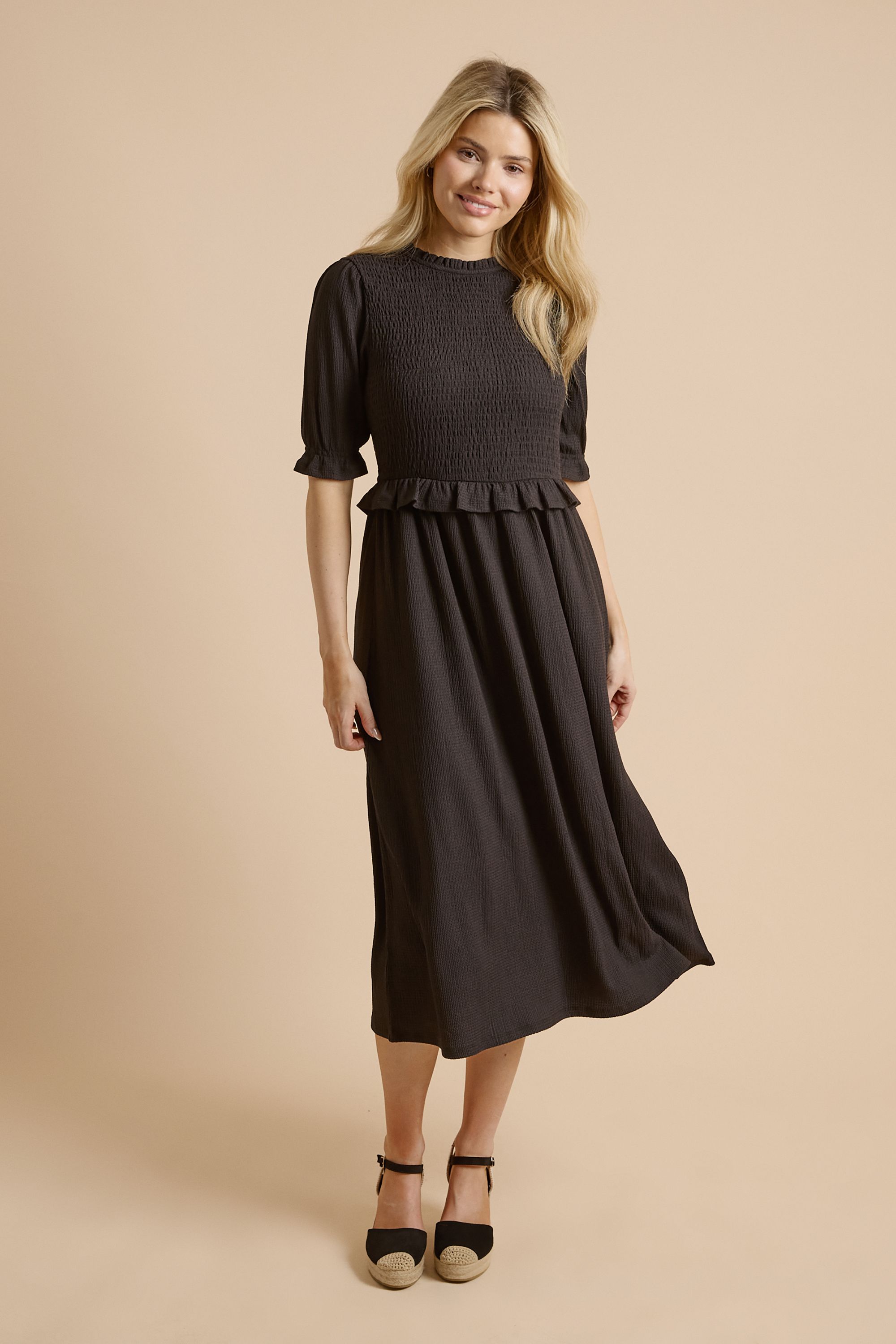 Dorothy Perkins Puff Sleeve Shirred Bodice Peplum Midi Dress