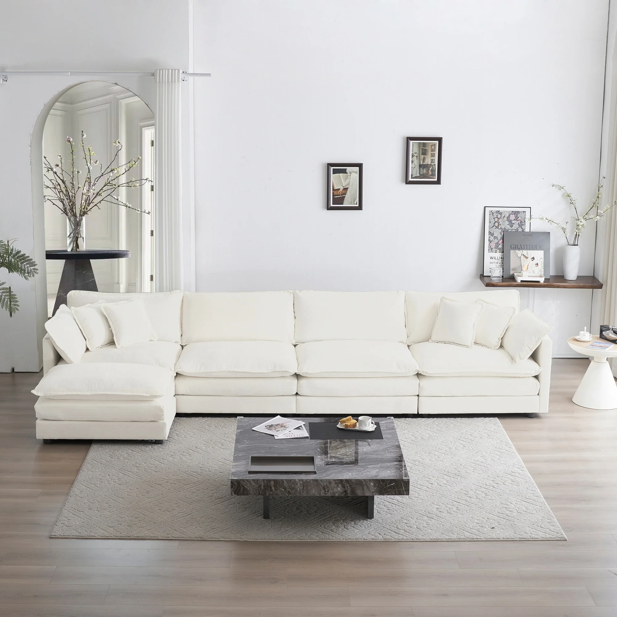 White 5-Seater Chenille Modular L-Shaped Sectional Sofa with Ottoman