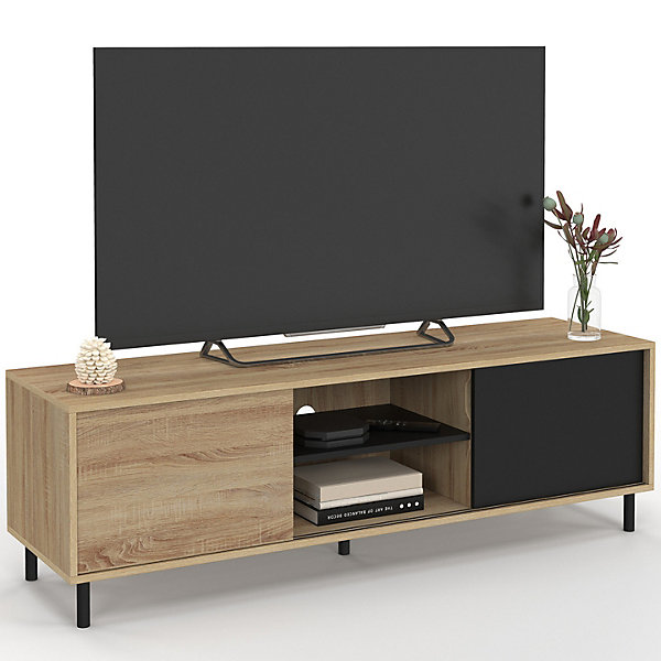 Meuble TV 140 cm EASY montage sans outils 2 portes coulissantes réversibles effet bois et noir