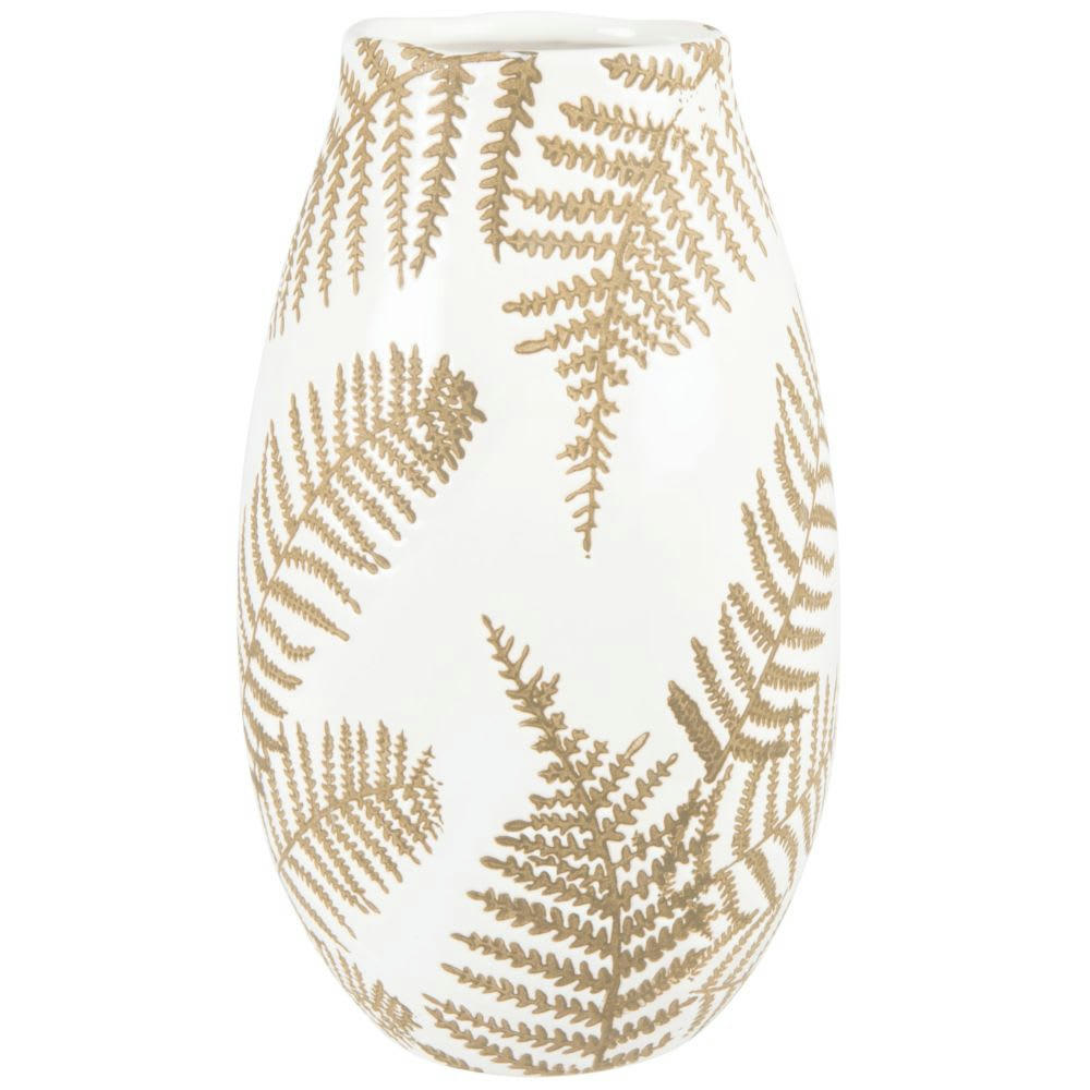 - Vase en grès blanc motifs feuilles dorées H24
