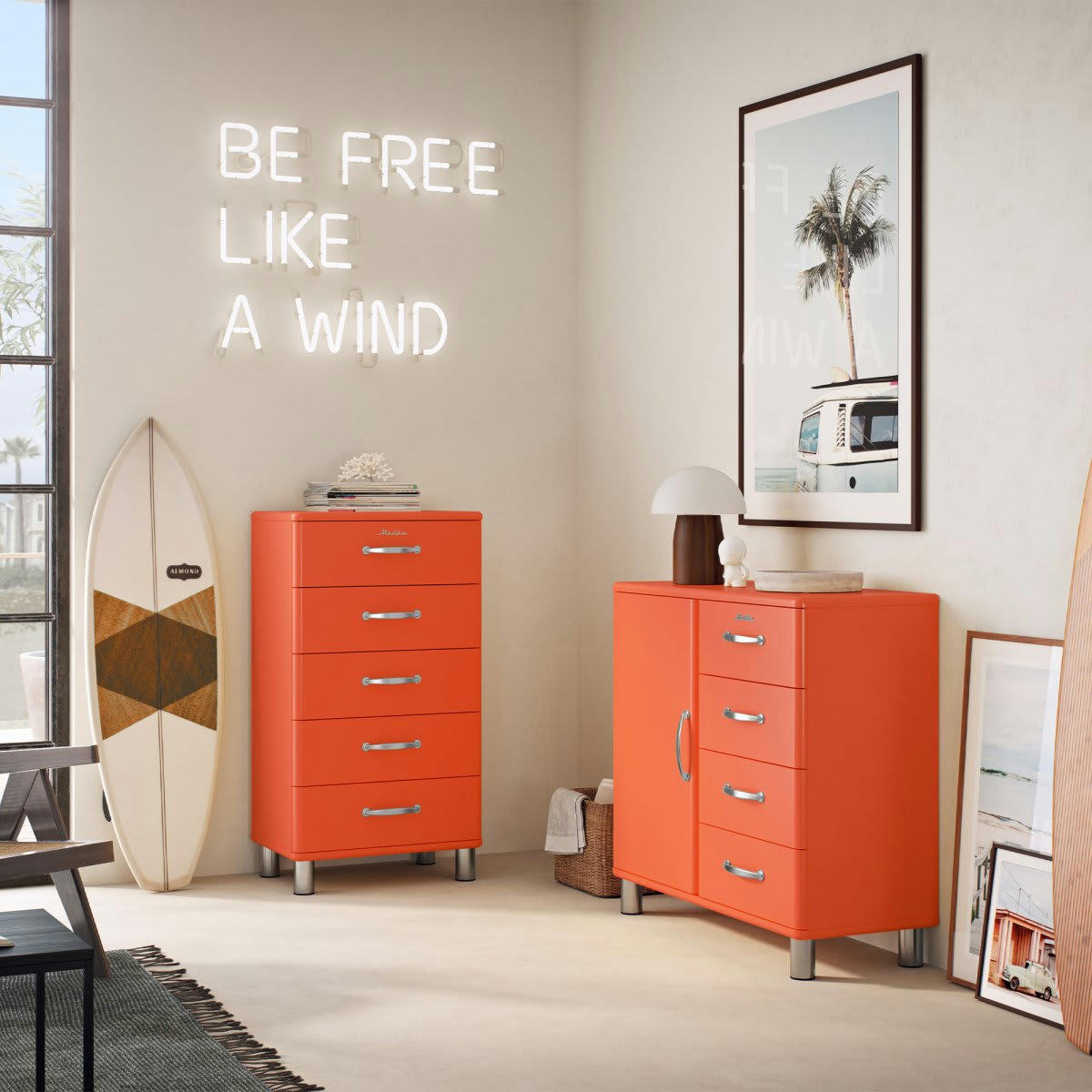 MALIBU - Commode 5 tiroirs style rétro orange