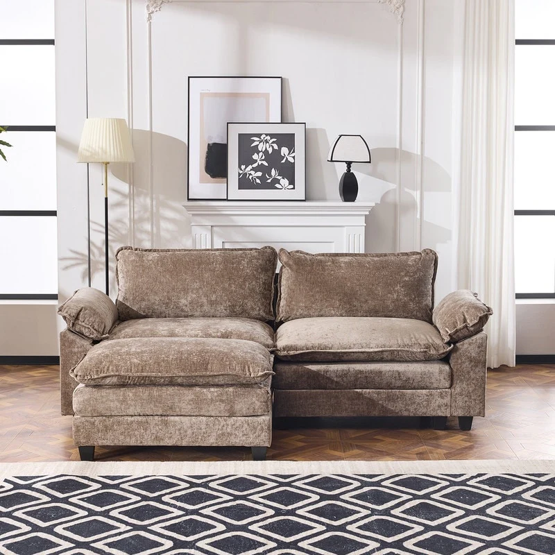 Full KD Double Cushion Chenille Sofa with Ottoman