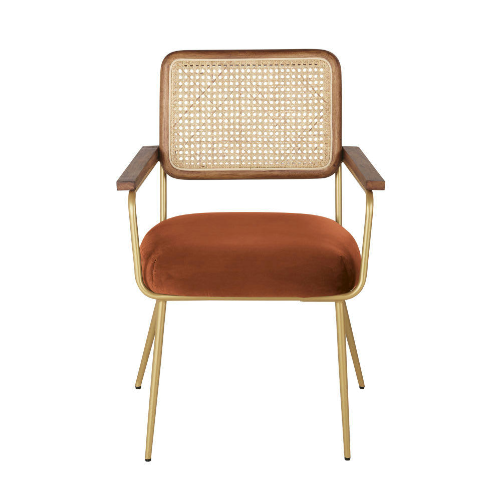 Rosalie - Fauteuil de table cannage en rotin et velours orange écureuil