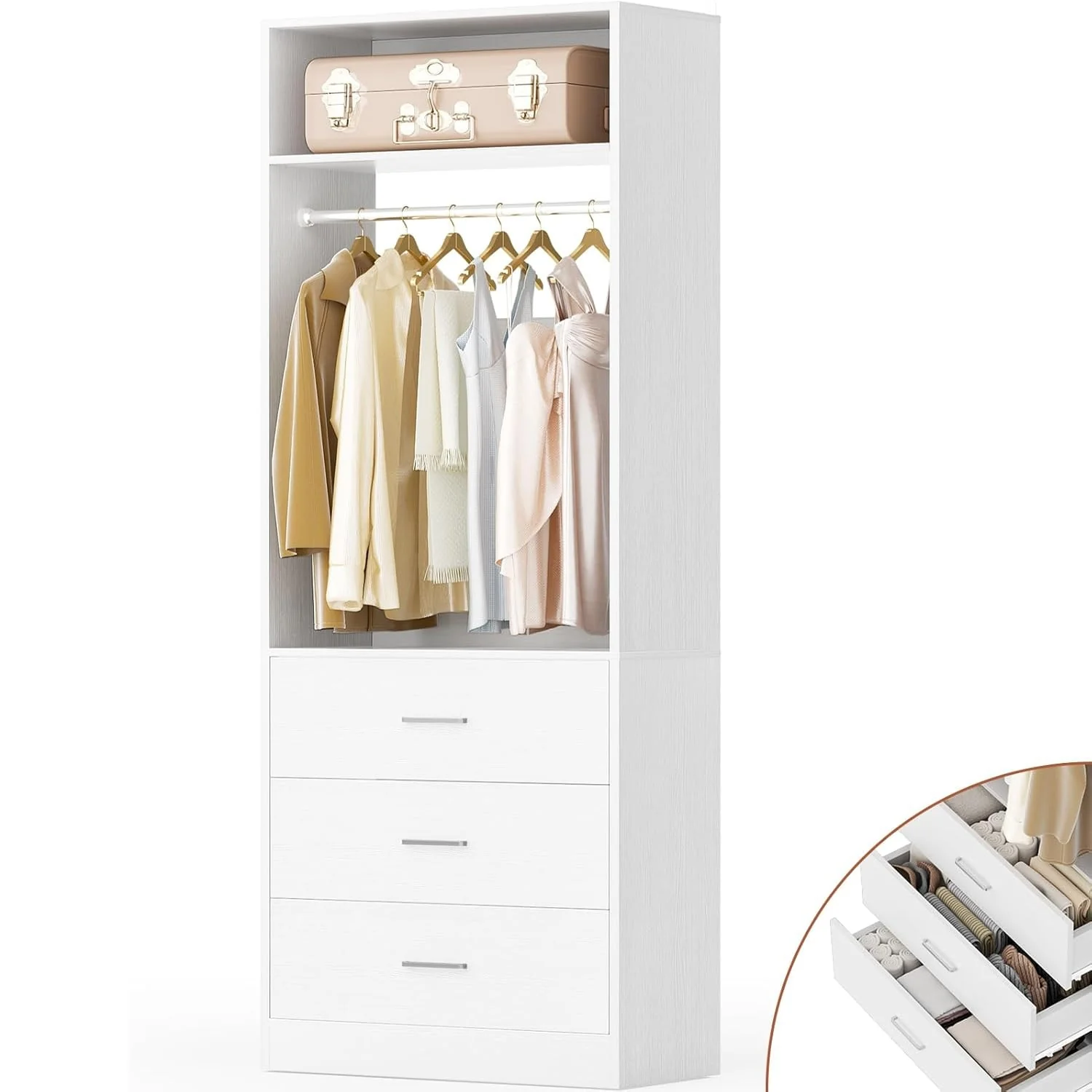 Kyrvo 24 Freestanding Closet Organizer System with Hanging Rod & Shelves,Heavy Duty Closet System with 3 Wood Drawers