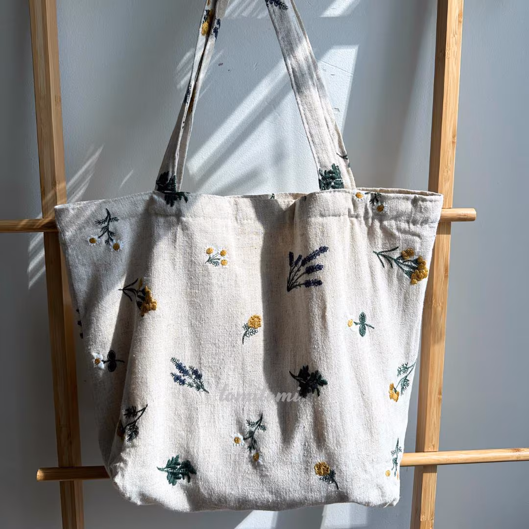 Boho Embroidered Floral Tote Bag | Sage Green Linen, Zippered