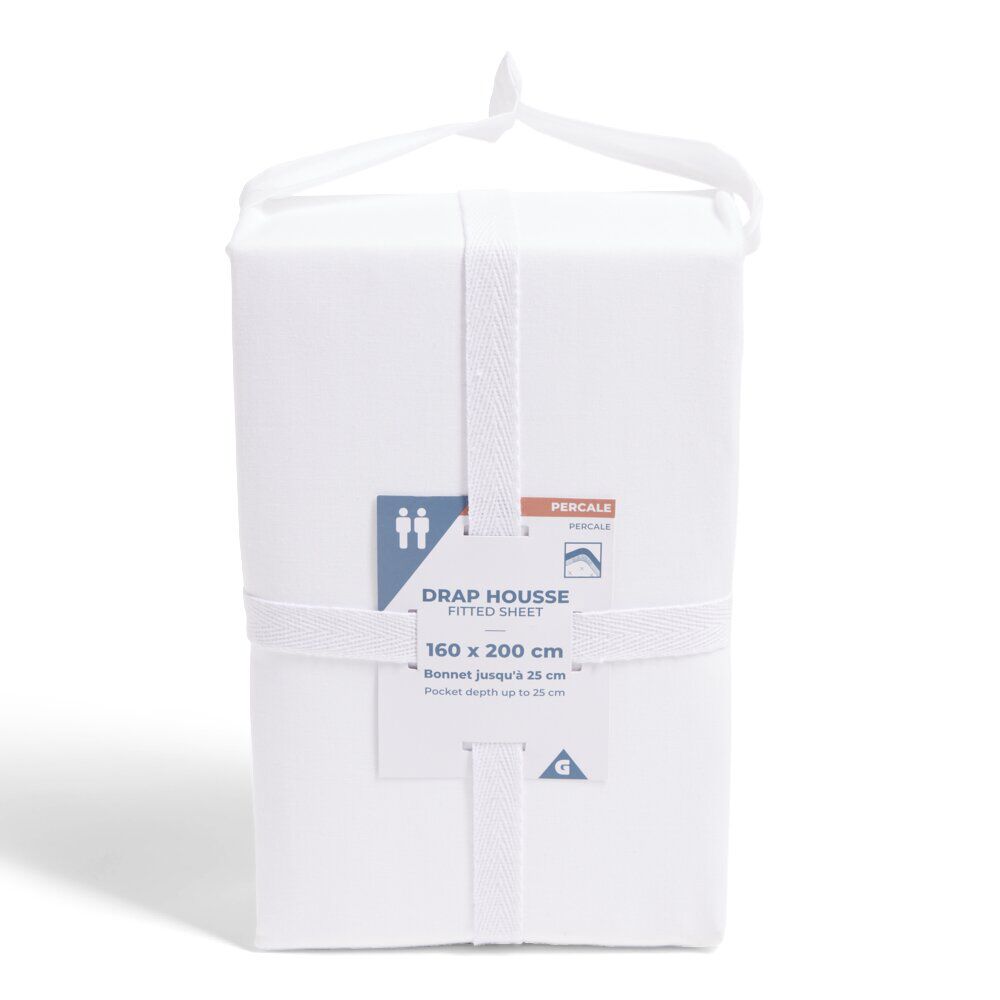 Drap housse 160x200cm 100% coton percale blanc