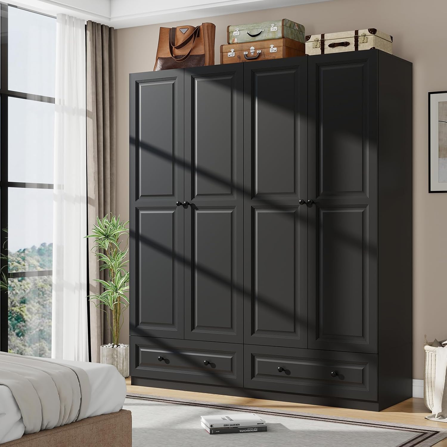 Armoire Wardrobe Closet with Drawers: 74 Black Tall Wooden Wardrobe Closet for Hanging Clothes, Large Bedroom Armoires with 2 Drawers, 4 Door Armoire Storage Cabinet (Black, 63)