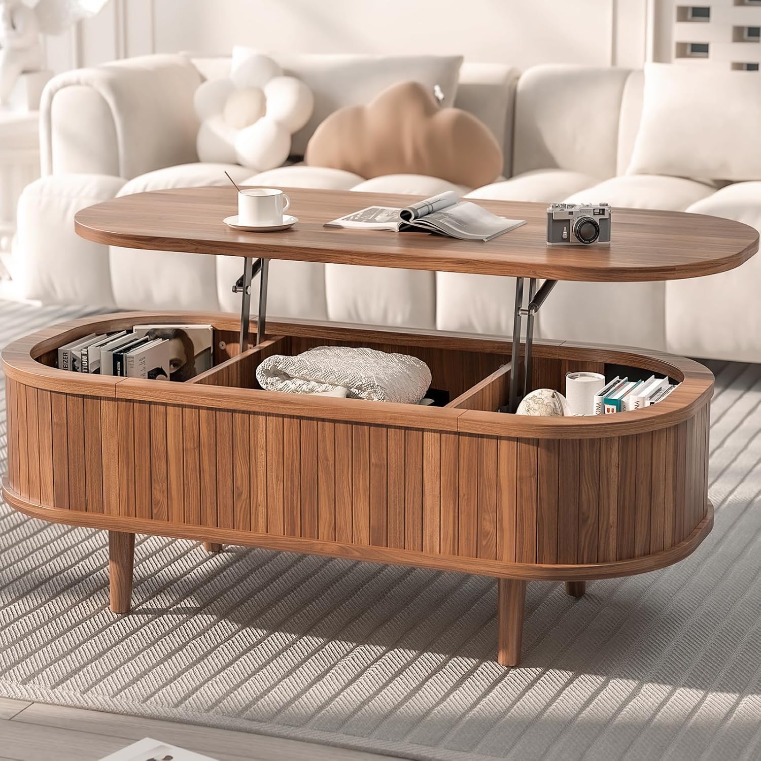 Easyego Oval Lift Top Coffee Table with Storage, 40 Fluted Modern Hidden Compartment Center Table for Living Room, Small Space Apartment, Home Office Desk, Walnut