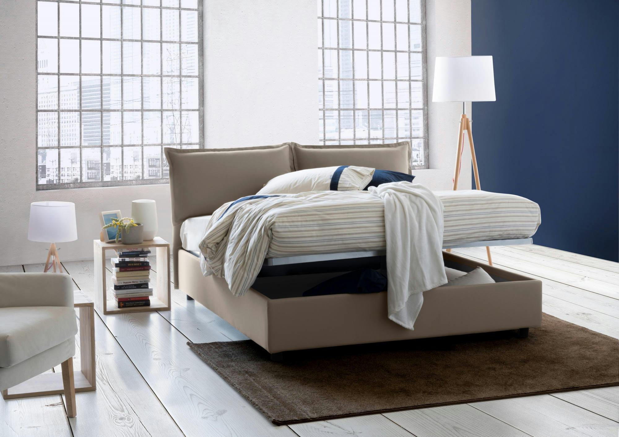 DMIRCOL - Lit coffre 140x200 cm en tissu gris taupe