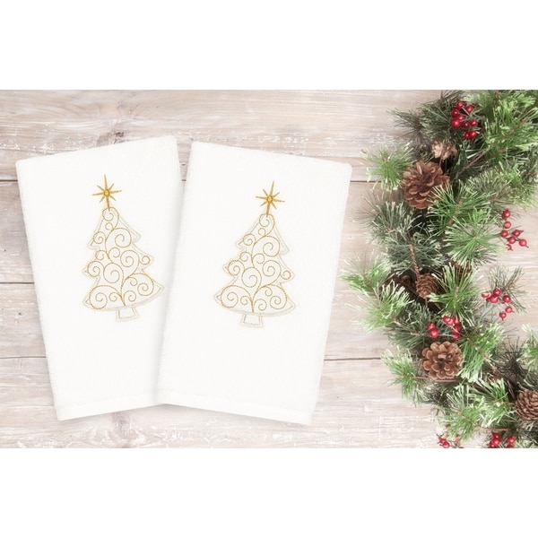 Authentic Hotel and Spa Turkish Cotton Christmas Scroll Tree White Set of 2 Hand Towels