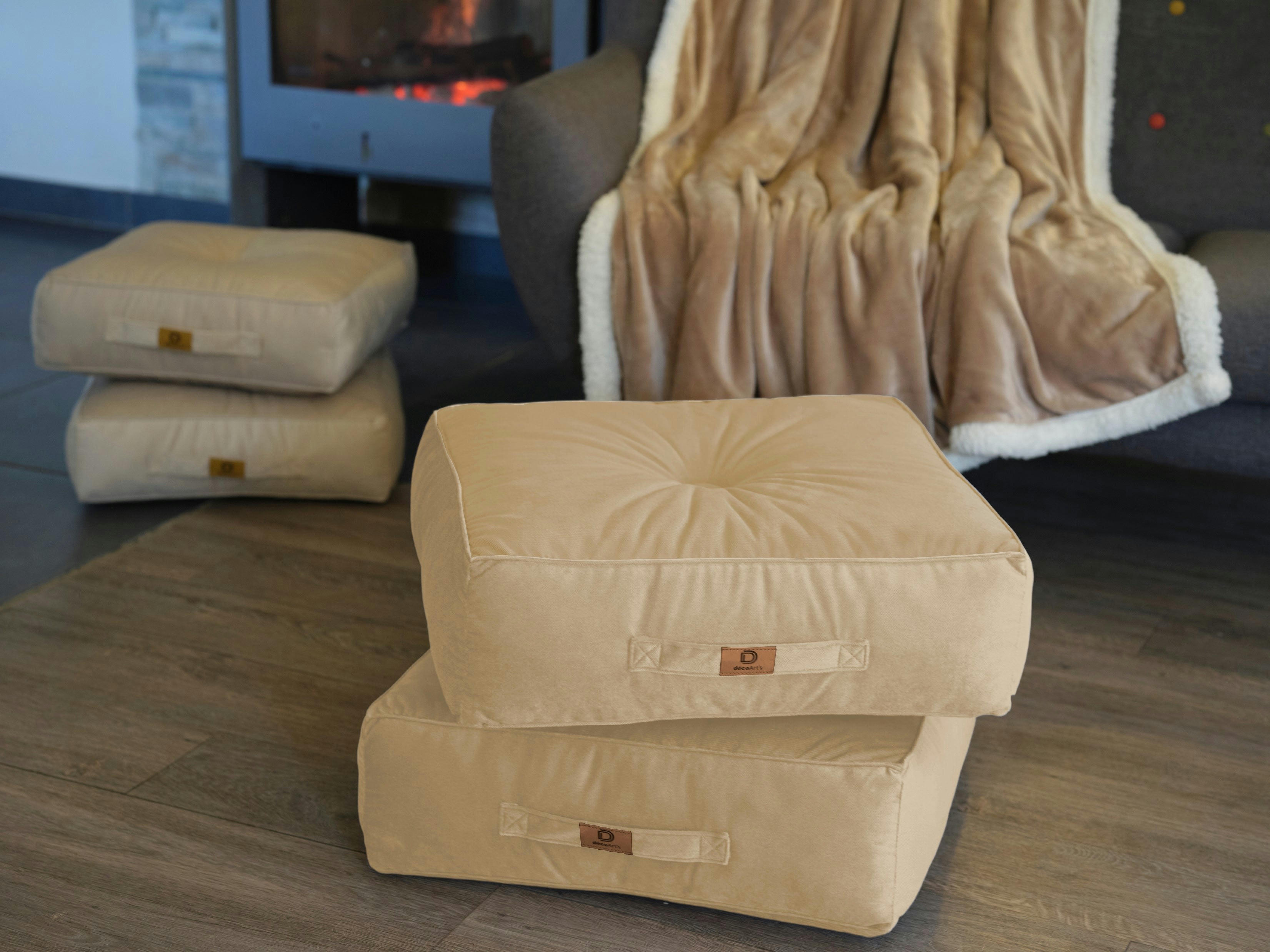 - Pouf en velours 50 x 50 x 14 cm lot de 2 - crème