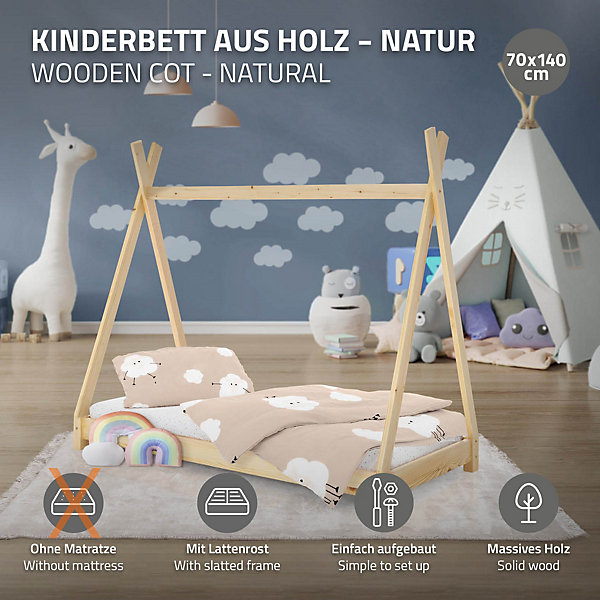 Lit d'enfant ML-Design Tipi 70x140 cm naturel simple en bois de pin sommier à lattes style indien