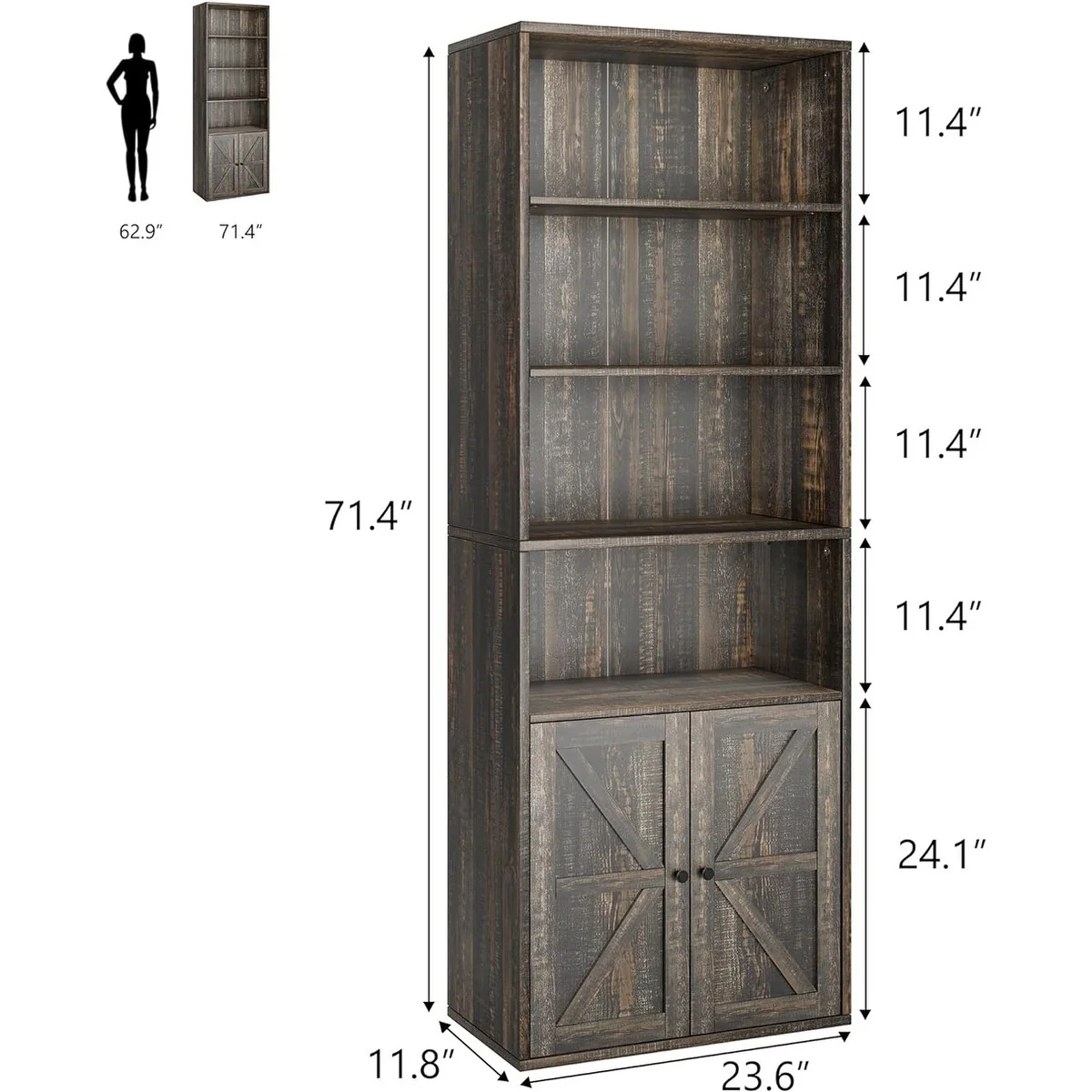 6-Tier Farmhouse Bookcase with Doors, Wooden Display Bookshelf