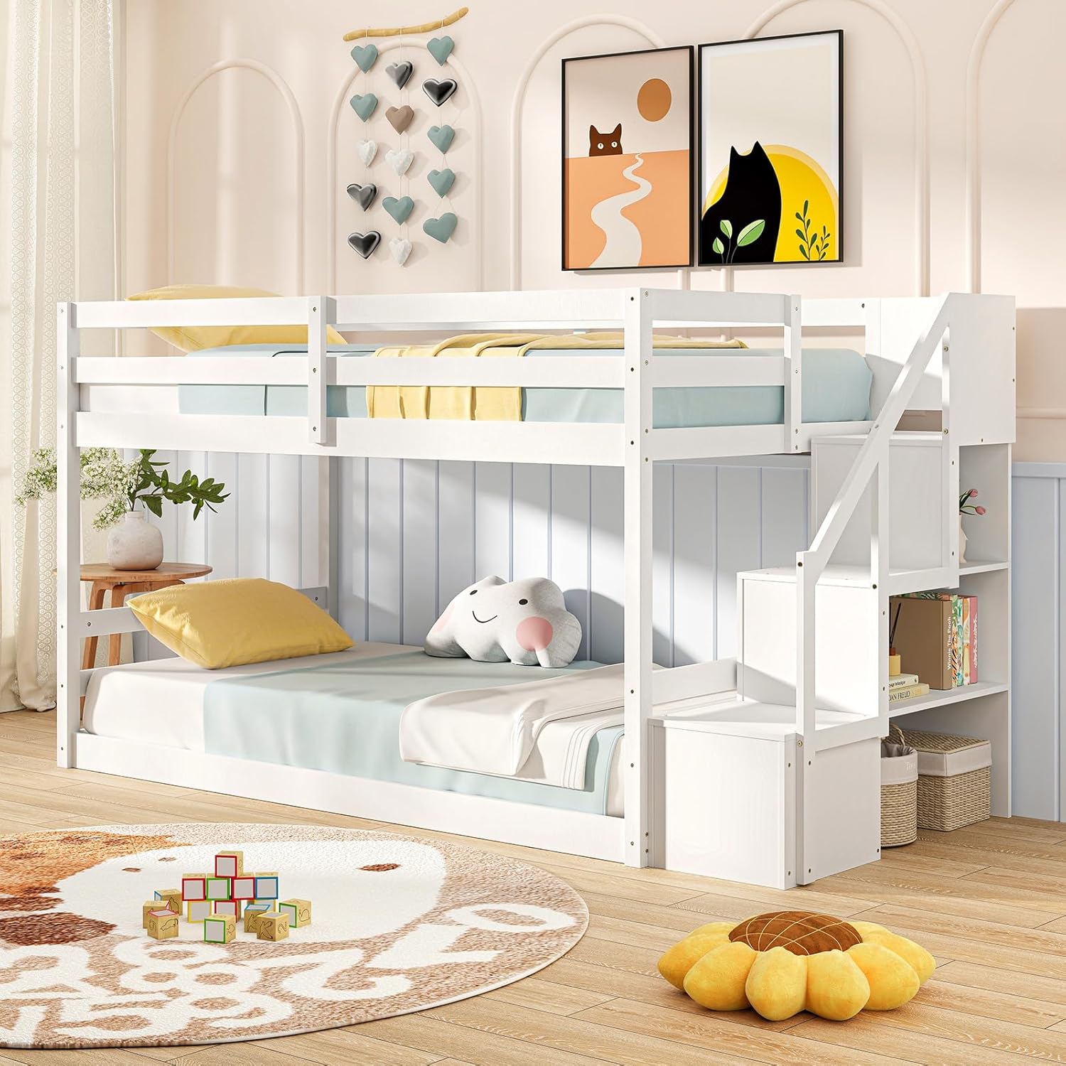 Giantex Twin Over Twin Bunk Bed with Stairs, Solid Wood Floor Bunk Bed with Storage Staircase & Full-Length Guardrails, Low Bunk Bed with for Kids, Teens, Adults, Dorm, Small Space, White