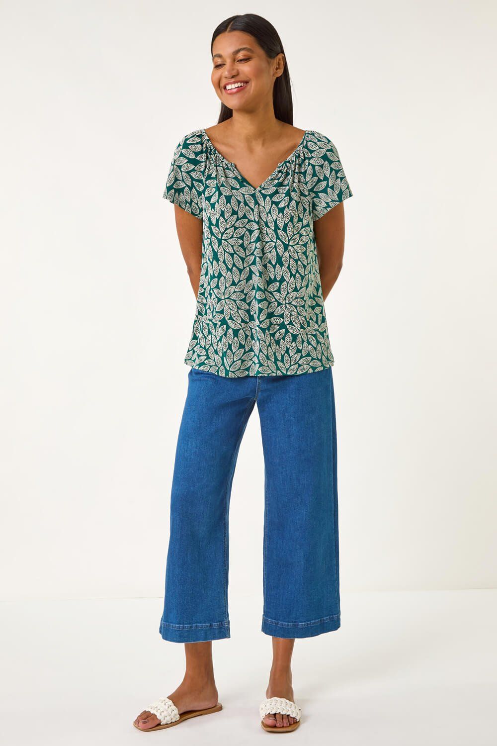 Roman Textured Leaf Print Stretch Top