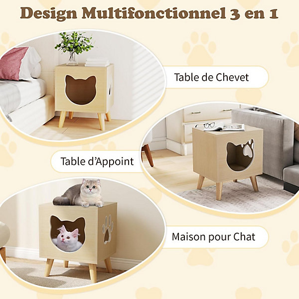 Niche Chat en Bois Intérieur 45 x 40 x 54 CM, Entrée et Fenêtre Design en Patte, Idéal pour Salon, Chambre, Naturel