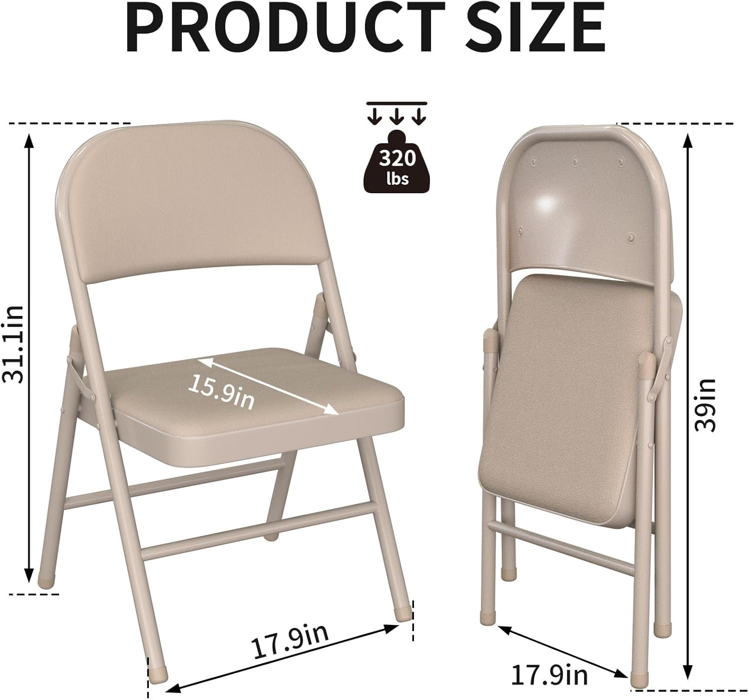 YLGJ&TIDY Set of 4 Folding Chairs with Padded Cushion and Steel Legs Portable Foldable Chairs Metal Folding Chair for Outside Indoor Dining Room Office Party, No Assembly, Beige