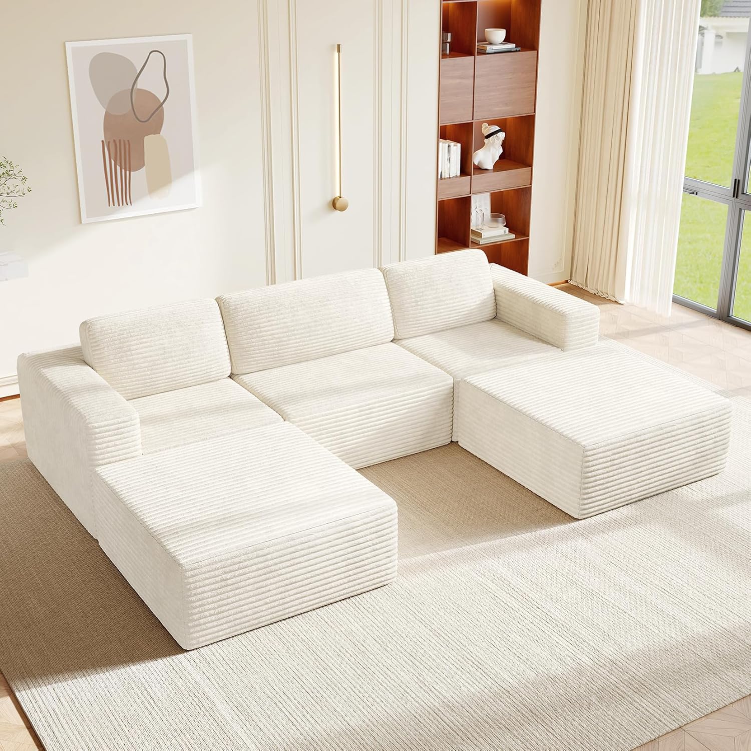 Vesgantti 119 Oversized U-Shaped Modular Sectional Sofa, Corduroy Cloud Couch with Deep Seating & Spring Support, Convertible Sofa with 2 Ottomans, Boneless Couch, No Assembly Required, Beige