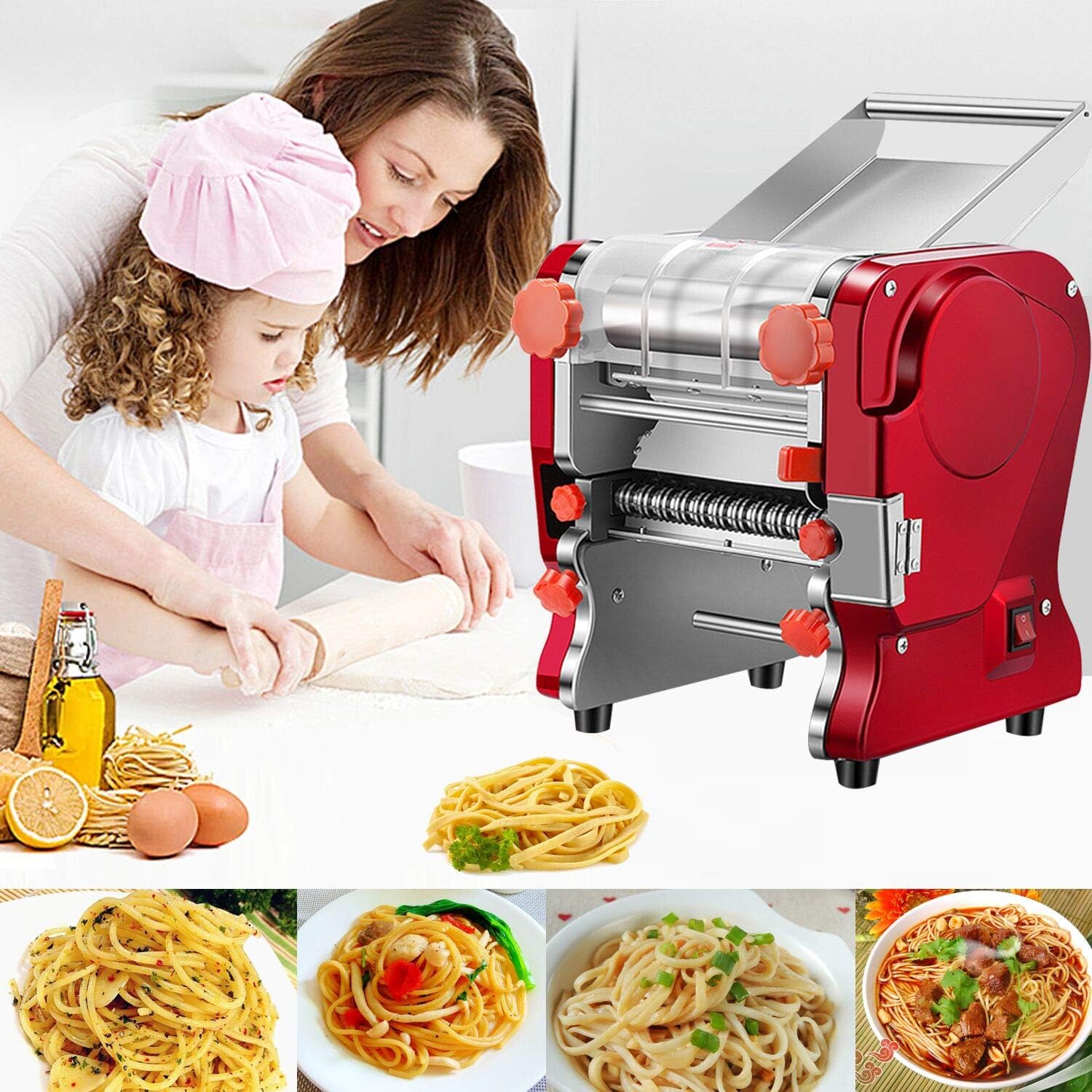 Pasta Maker Machine,Electric Noodle Maker&Dumpling Machine for Commercial&Home Use,Stainless Steel Dual-Cutter No Disassembled-3/9mm Width Noodle/Thickness Dough-Auto Noodle Sheeter