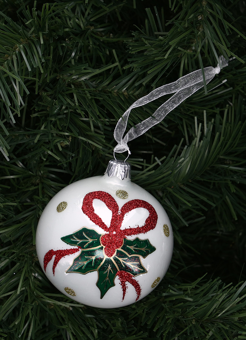 BOULE à PAILLETTES NOEUD ET FEUILLE DE HOUX BLANC