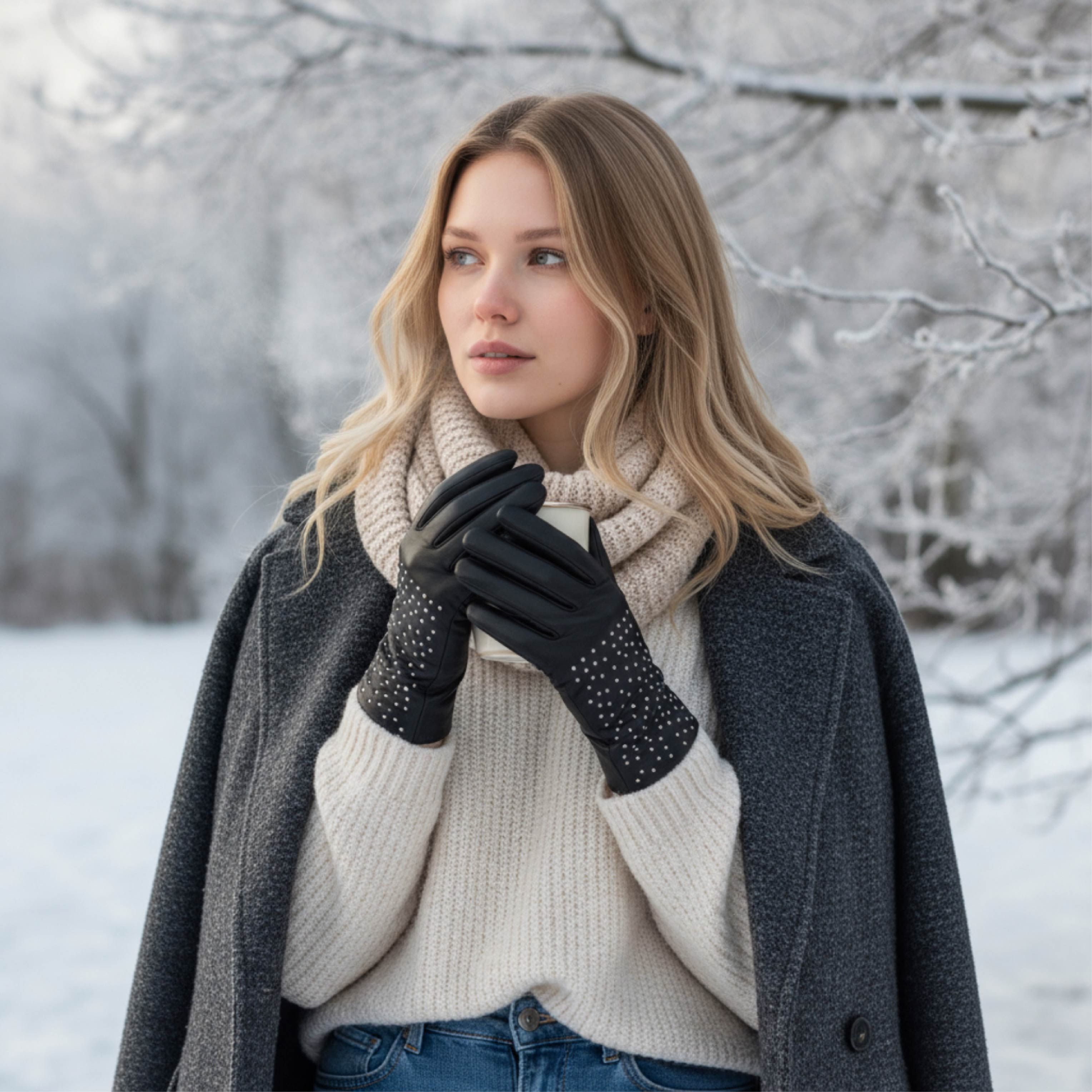 Infinity Leather Italian Leather Studded Soft Wool-Lined Fashion Warm Winter Gloves