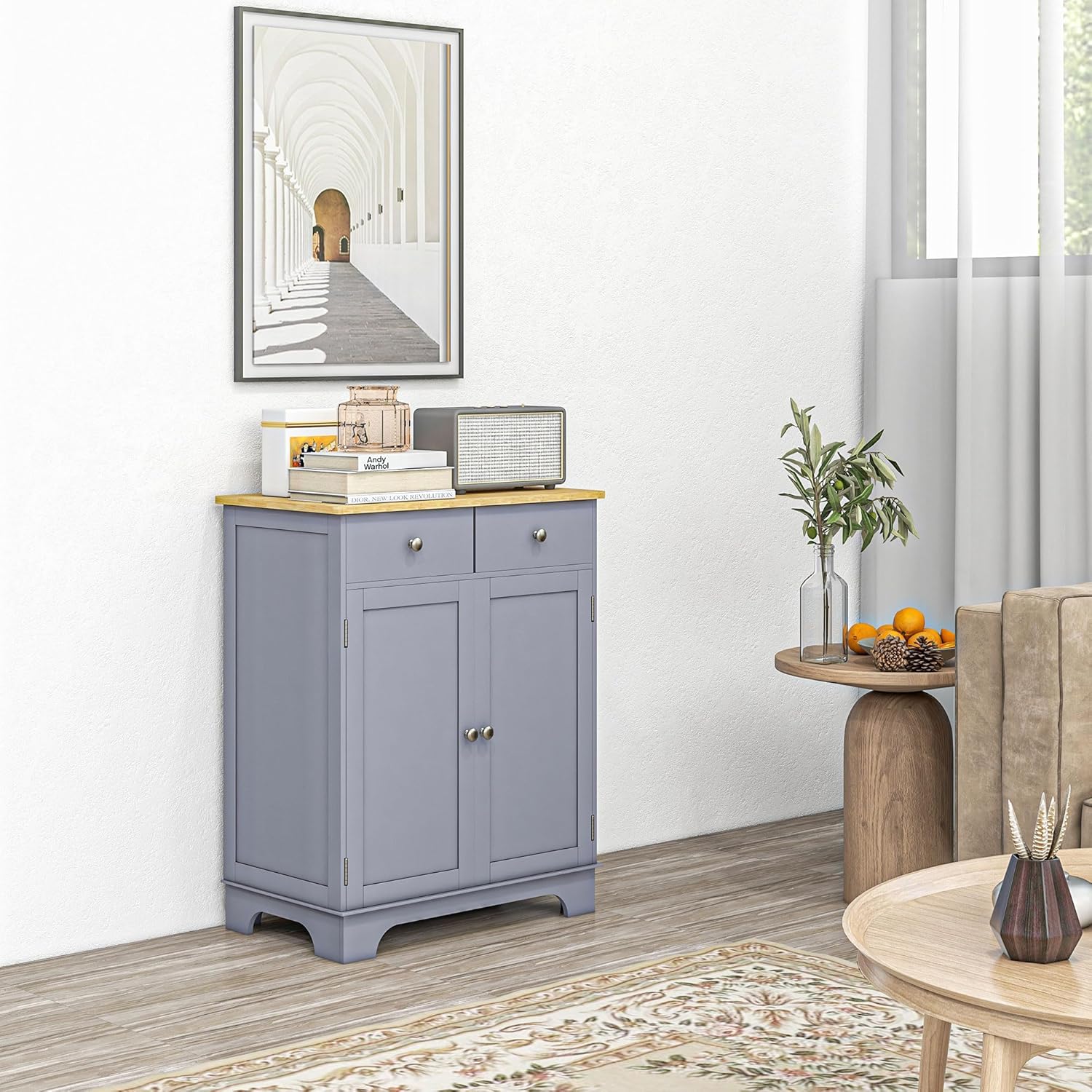 HOMCOM Sideboard Buffet Cabinet with Solid Wood Countertop, Modern Kitchen Storage Cabinet, Coffee Bar Cabinet with 2 Drawers, Doors and Adjustable Shelf, Gray