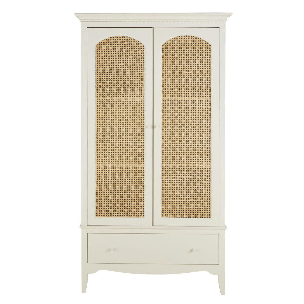 Debbie - Armoire 2 portes 1 tiroir blanc cassé cannage en rotin