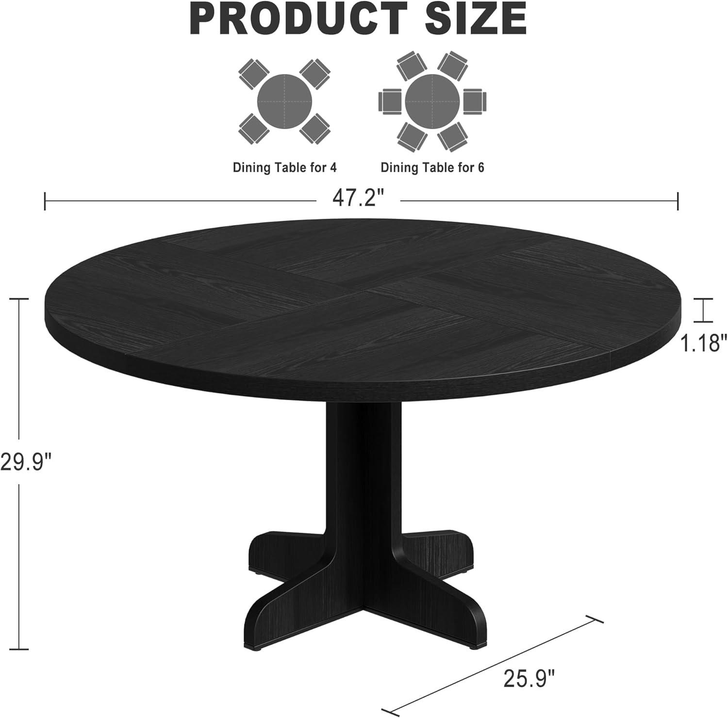 IDEALHOUSE Round Dining Table for 4, 47 Inches Dining Room Table with Wooden Base, Circle Kitchen Dinner Table for Dining Room, Kitchen, Living Room (Table Only), Black