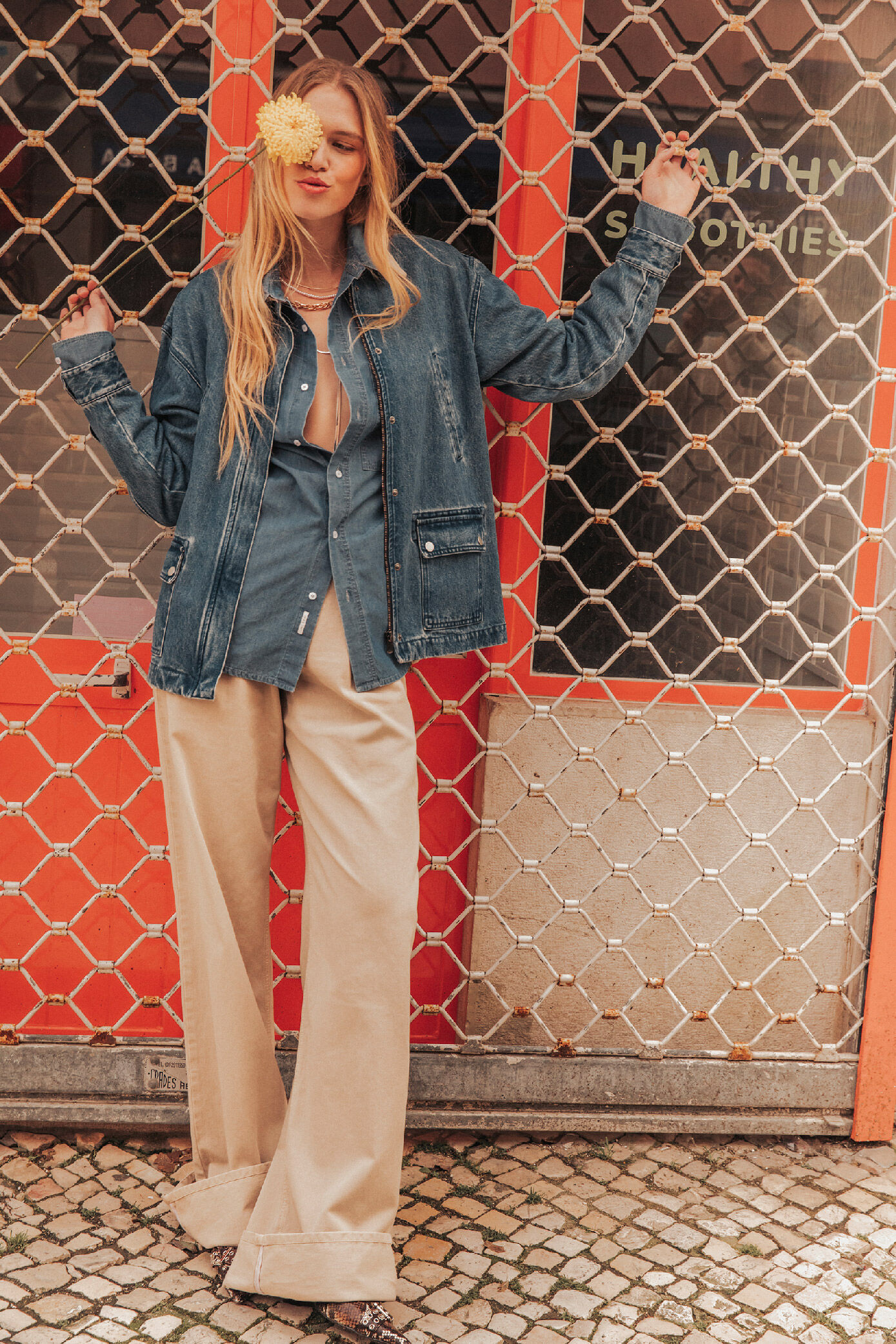Veste en jean bleu col velours écru Femme