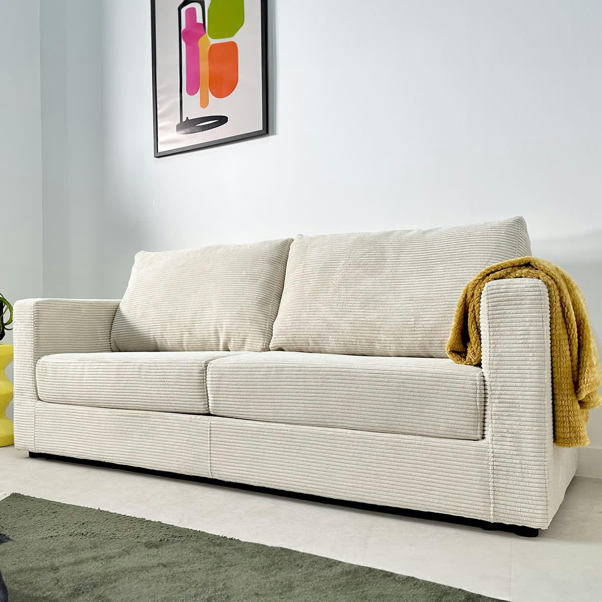 SILVIA - Canapé convertible semi-express 3 places en velours côtelé beige