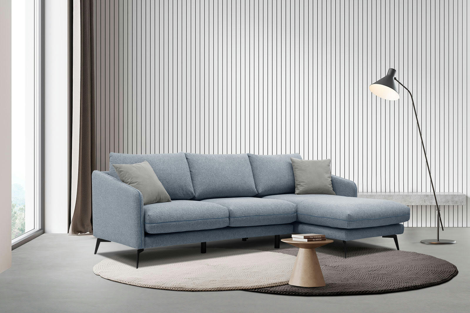 SOGEL - Canapé d'angle droit 4 places tissu  bleu clair