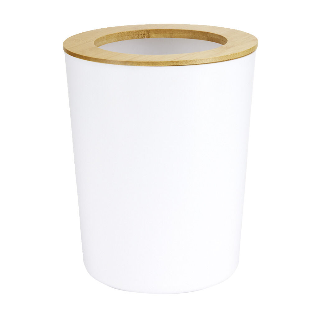 Poubelle salle de bain ronde en bambou et plastique blanc Ø19,5xH24,5cm