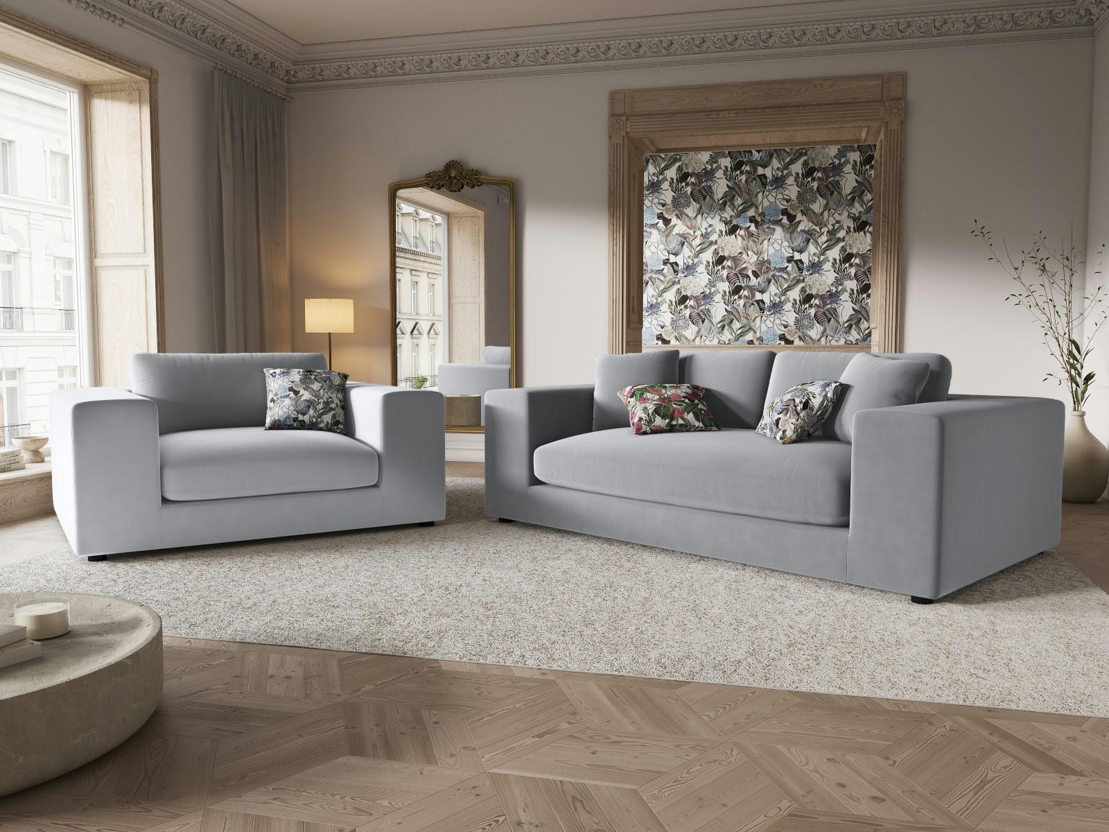 TENDANCE - Canapé 3 places en Velours Gris Clair