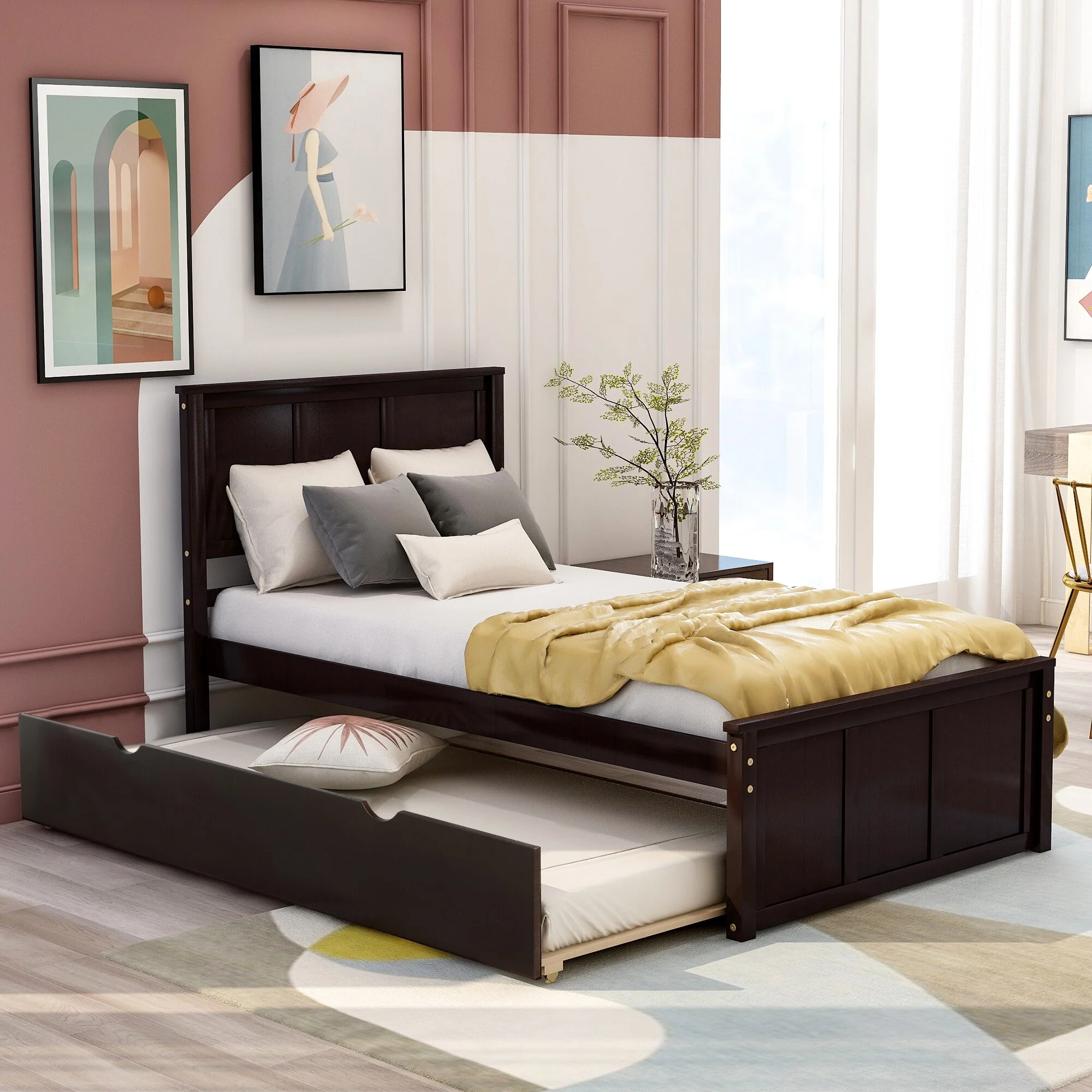 Gray Twin Platform Bed with Trundle, Perfect for Guest Rooms and Kids' Rooms