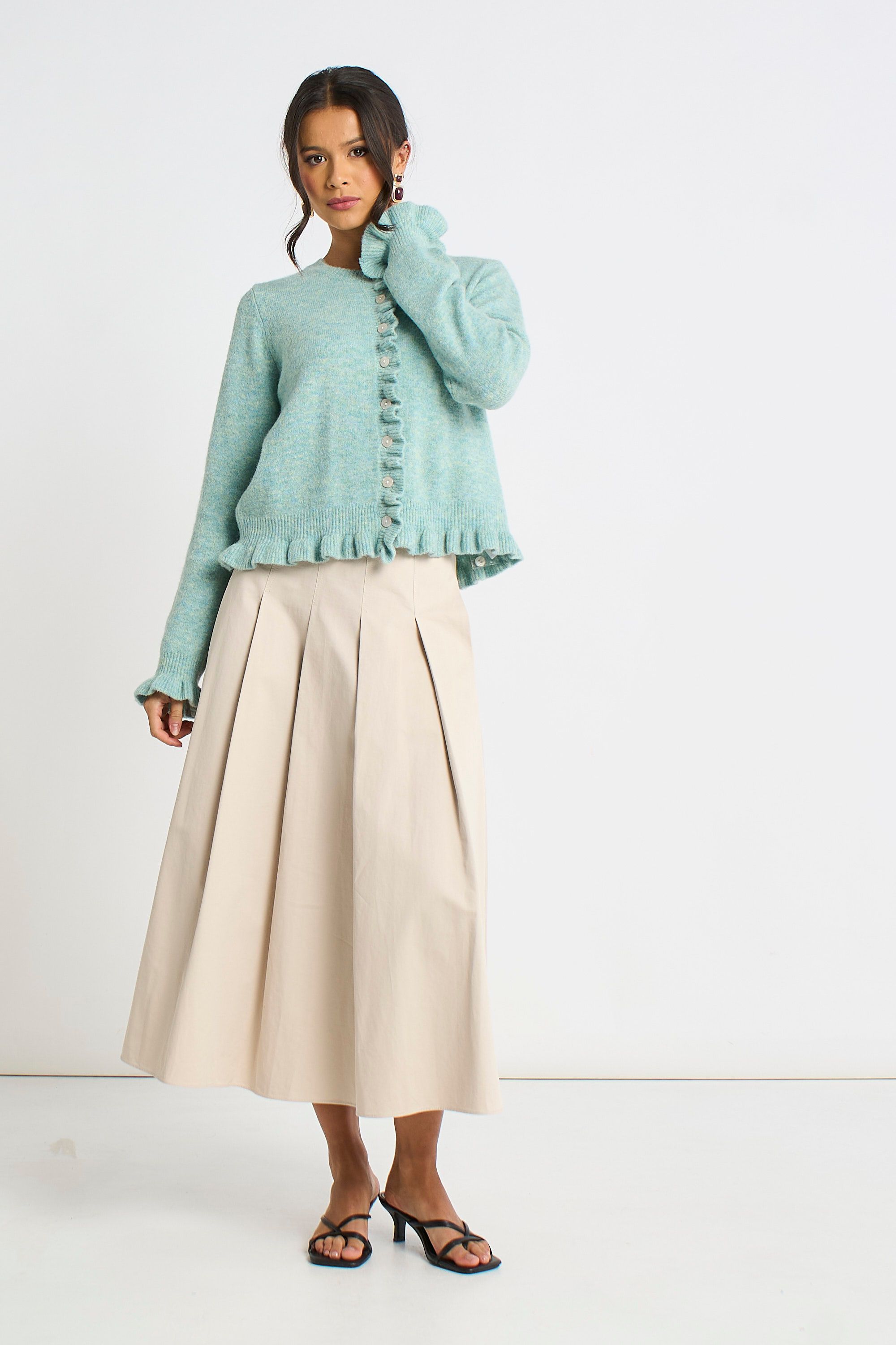 Gini London Green Long Sleeve Ruffle Front Cardigan