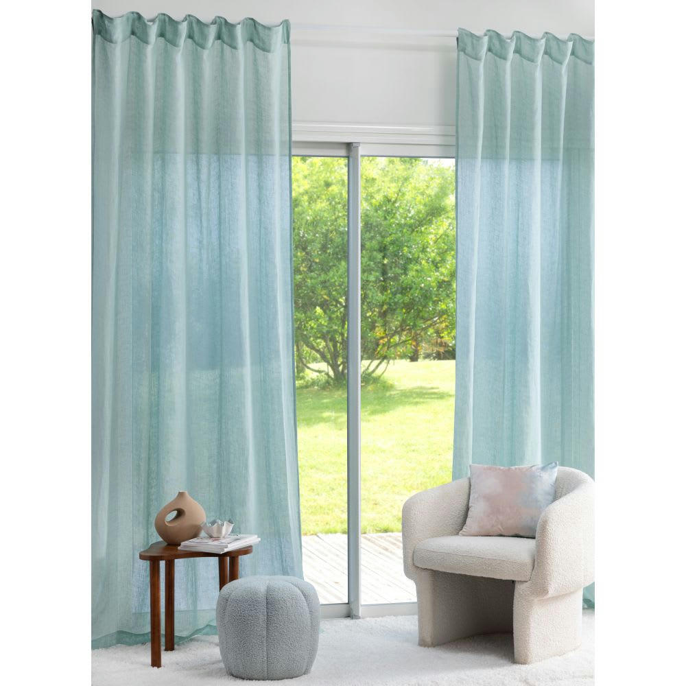 - Rideau à passants voilage en lin bleu vert à l