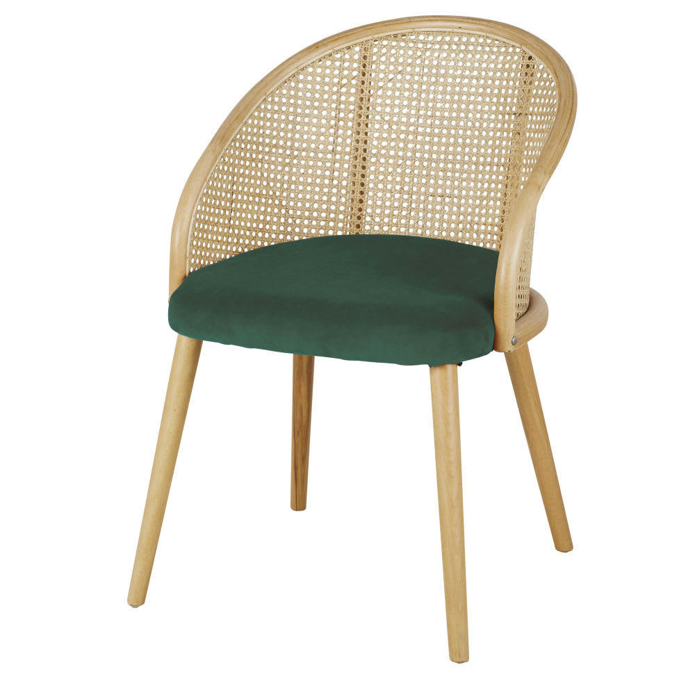 Sockette - Fauteuil de table en velours vert cannage en rotin coloris naturel