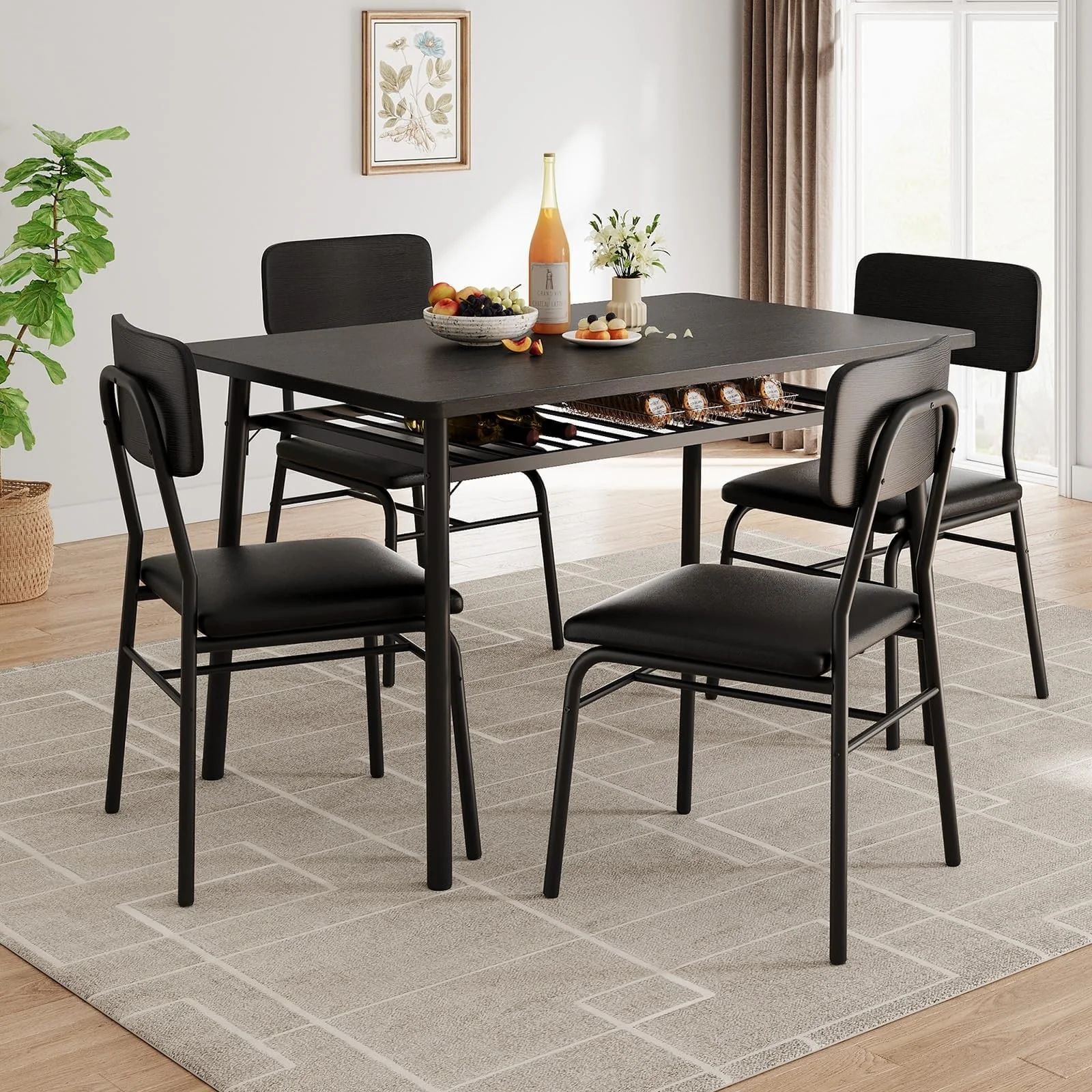 Dining Table Set for 4 with Storage Rack, 5-Piece Kitchen Table and Upholstered Chairs of 4, Tabletop & Heavy-Duty