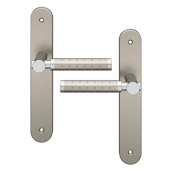 Ensemble poignée sur plaque rond GoodHome Brigg effet chrome et nickel satin gris L.132mm x l.40mm entraxe 195mm