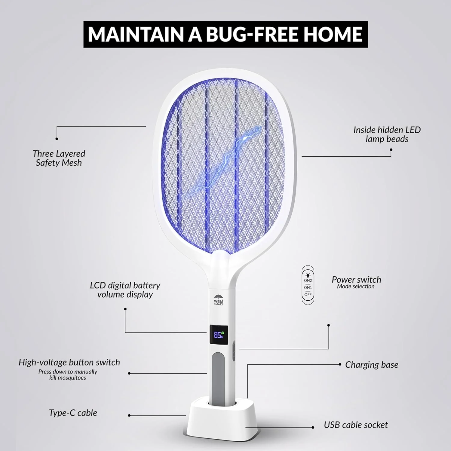 2 in 1 Electric Bug Zapper, Mosquitoes Trap Lamp  Racket, USB Rechargeable Electric Fly Swatter for Home and Outdoor Powerful Grid 3-Layer Safety Mesh Safe to Touch, Pack of 2((Pack of 4))