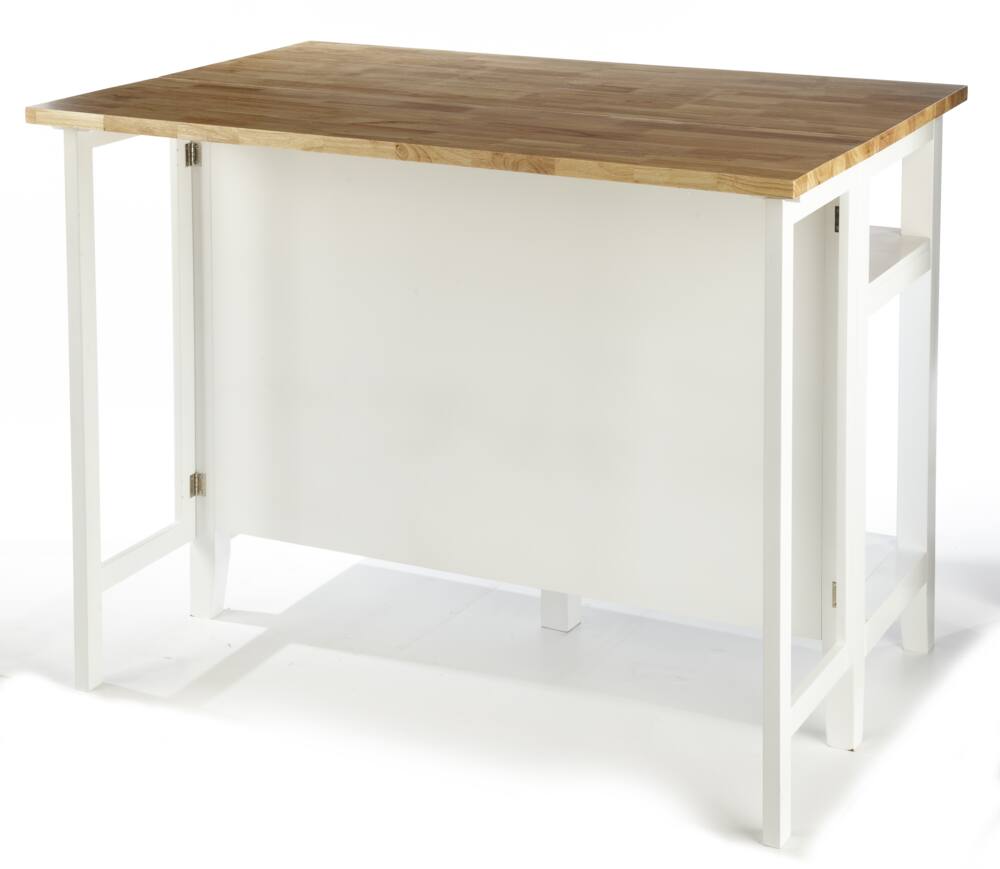 For Living  Wood Top Open Shelf Kitchen Storage Island With Folding Leaf, White