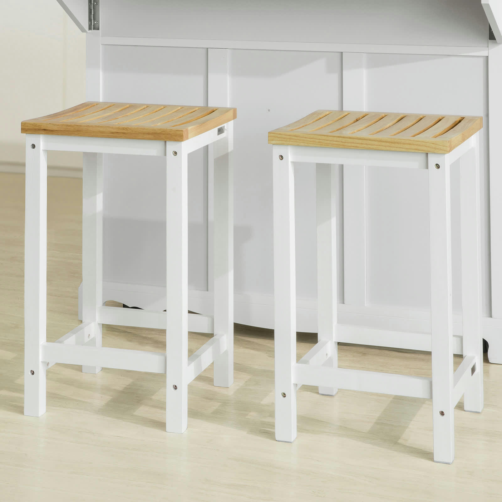 - Lot de 2 tabourets avec repose-pieds en bois blanc