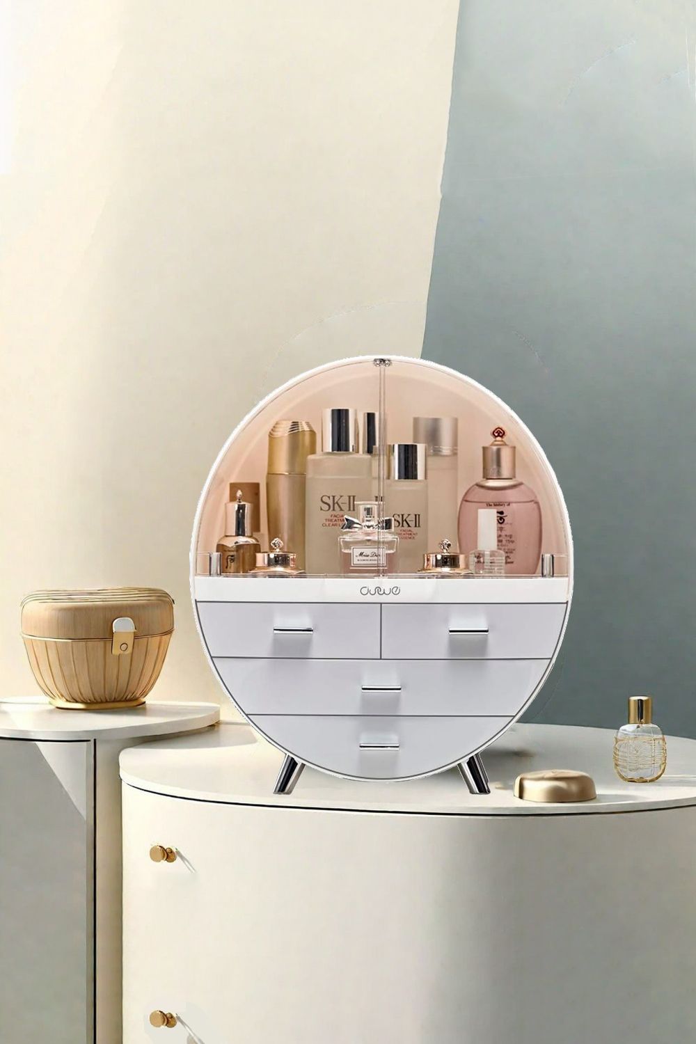 The hot sale Dual-layer Round Cosmetic Organizer Makeup Storage Box with 4 Drawers Dustproof