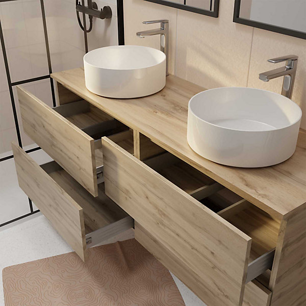 Meuble Salle de Bains 140 TIMBER Décor Chêne 4 Tiroirs - Vasques à Poser Blanches - 2 Miroirs 60x80