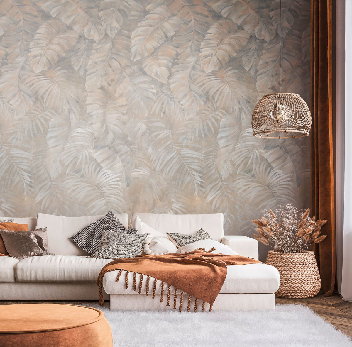 Livingwalls fotobehang tropische bladeren bruin, beige, crème en grijs - 159 x 280 cm - AS-392621