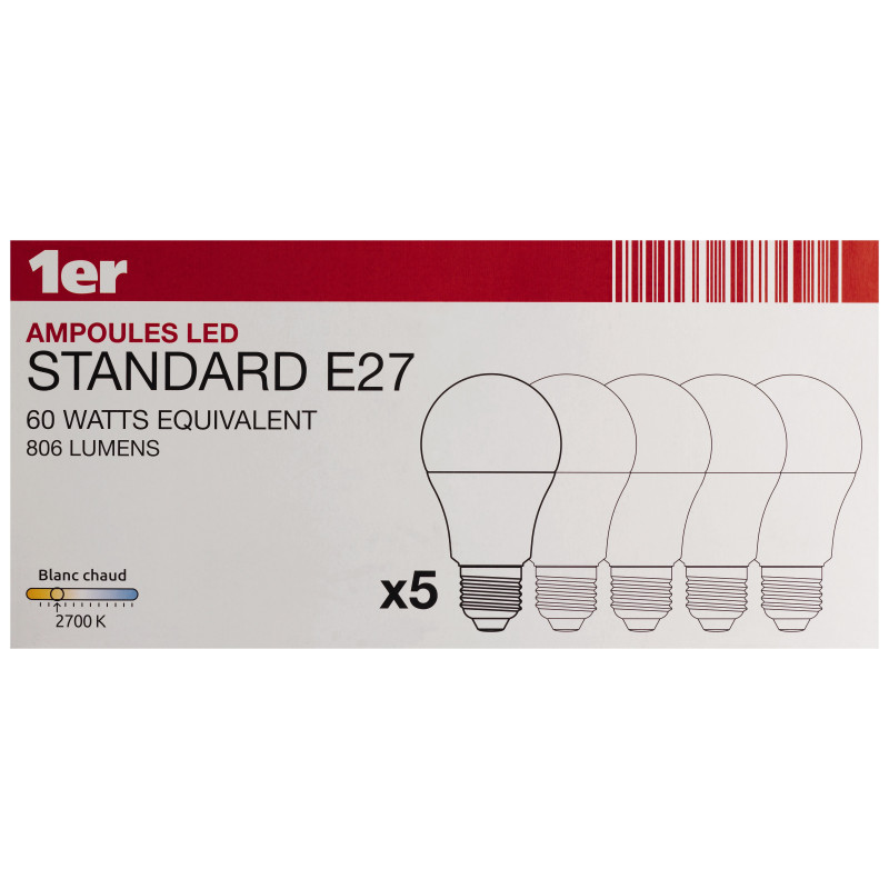 Ampoule LED classique E27 9 W 806 lm blanc chaud 5 pièces 1ER