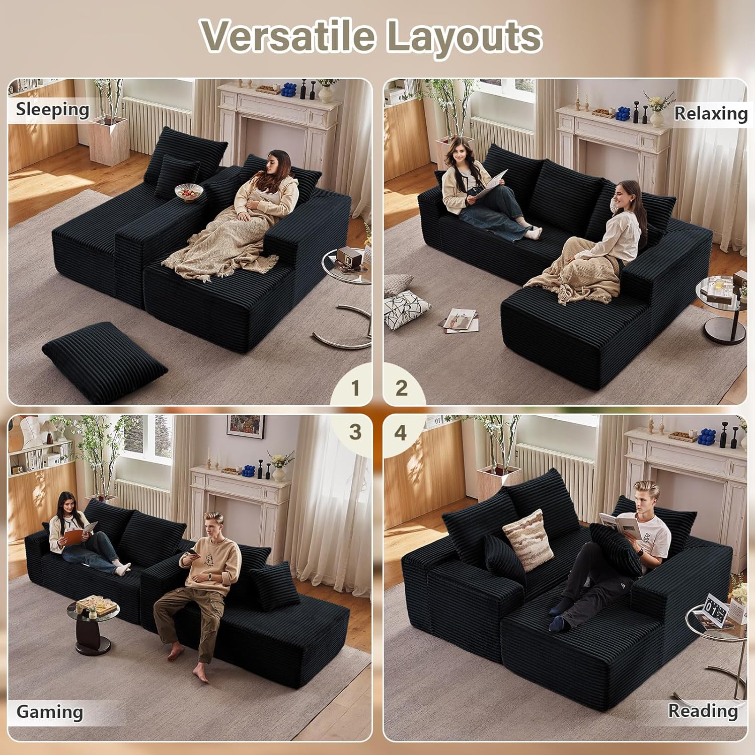 107 Modular Sectional Couches for Living Room, Comfy Boneless L Shaped Cloud Couch with Chaise Lounge, Modern Cozy Corduroy Deep Seat Floor Sofa, Memory Foam, No Assembly Required, Black