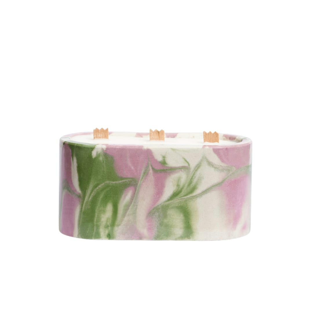 BOUGIES XXL -BÉTON TIE&DYE - Bougie xxl tie&dye en béton rose et vert parfum fleur de coton